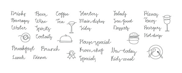 Big set of continuous line drawing text for menu for restaurants, bars and cafes. With small illustrations - glass, cup, plate, burger. Minimalist vector lettering isolated on white background.