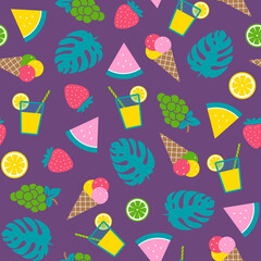 Colourful summer seamless pattern with ice-cream, lemonade, watermelon, strawberry, grapes, citrus slices and monstera leaves on violet background. Trendy flat style, vector illustration