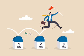Project milestone to progress toward business goal, journey or execution to achieve business success concept, skillful businessman holding success flag jumping on milestones reaching target.