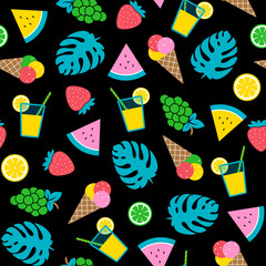 Colourful summer seamless pattern with ice-cream, lemonade, watermelon, strawberry, grapes, citrus slices and monstera leaves on black background. Trendy flat style, vector illustration