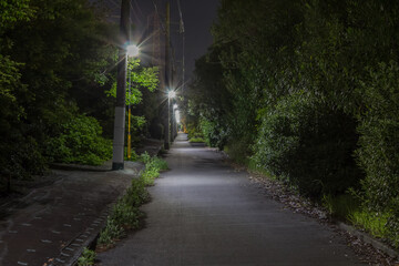 工場地帯の人気のない細長い夜道