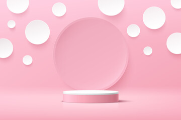 White cylinder pedestal podium. Sweet pink minimal wall scene with circle backdrop. White polka dot pattern paper cut style. Vector rendering 3d shape, Product display presentation. Abstract design.