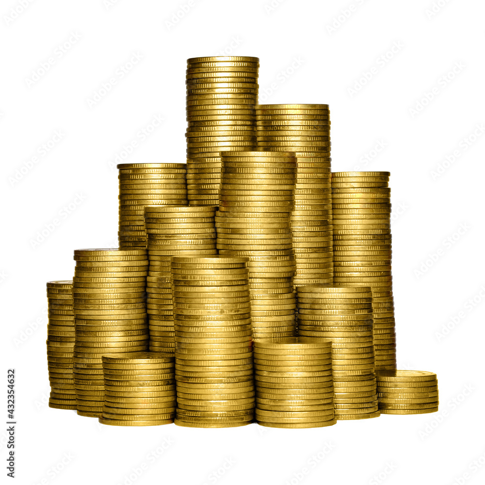 Wall mural many column of stacking up golden coins on white background with clipping path