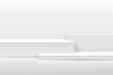 Modern white and grey cube pedestal podium. Geometric steps platform. White minimal wall scene. Vector rendering 3d shape for Product display presentation. Abstract studio room concept. EPS10 vector.