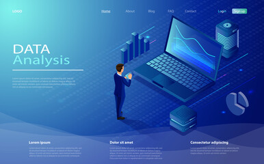 Man analyze diorams and graphics. Data analysis concept with characters. Isometric concept data analysis for website and mobile website. Data analysis in isometric vector design.