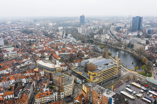 Brussels, Belgium,  January 3, 2021:  panorama view from above, Ixelles pons and Flagey Building on Eugène Flagey Square