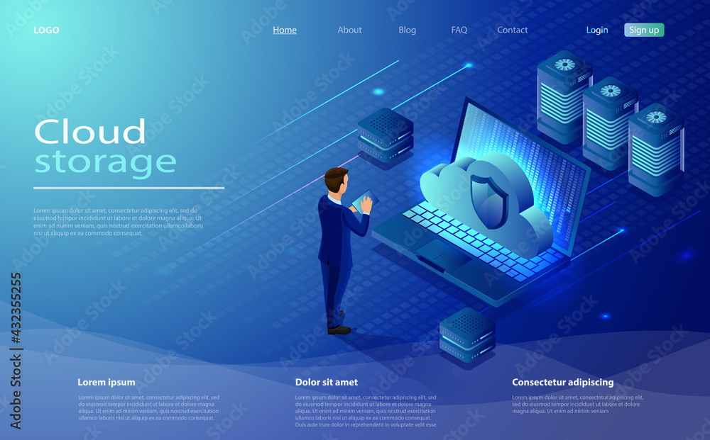 Poster isometric cloud hosting network vector illustration. 3d servers and datacenter.