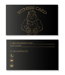 Membership or fitness club card mockup. Vector illustration. Silhouette of a muscular lion with dumbbells.