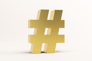 3D illustration golden hashtag symbol isolated on white background. 3D rendering for advertising.