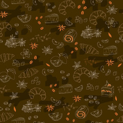Coffee seamless pattern with spices for tea and coffee. Drawn brown finely patterned vector texture.