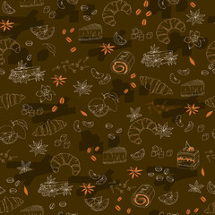 Fototapeta premium Coffee seamless pattern with spices for tea and coffee. Drawn brown finely patterned vector texture.