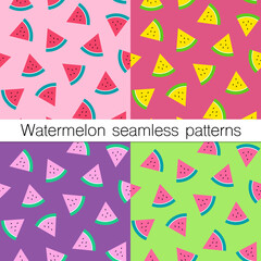 Set of four colourful seamless patterns. Watermelon slices with peel and black seeds in various colour combinations, vector illustration. Summertime freshness, juicy and colourful theme 