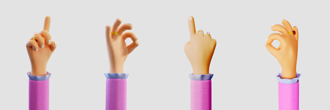 Set of cartoon hand gestures. 3d render illustration. Collection of hands gestures.A female hand in cartoon style shows ok and a gesture with the index finger. 3d render isolated on a white background