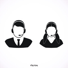 Call center operator with headset web icon design. Call center avatar set. Client services and communication, customer support, phone assistance, information, solutions. Vector