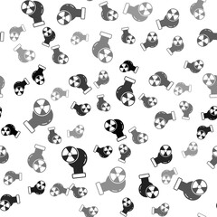 Black Laboratory chemical beaker with toxic liquid icon isolated seamless pattern on white background. Biohazard symbol. Dangerous symbol with radiation icon. Vector