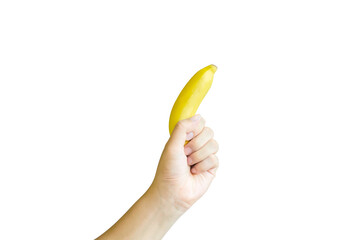 A hand holding a ripe banana on a white background