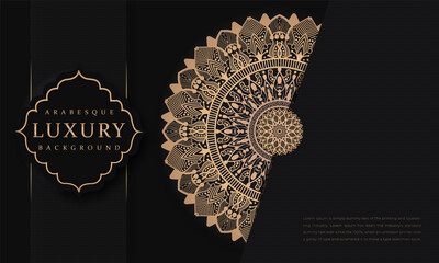 Fototapeta premium Elegant floral background with floral elements for Wedding card, book cover, Gold and black ornamental mandala design background, Abstract circle aztec style pattern background