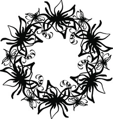 wreath of branches with leaves and flowers. Vector isolated contour decorative squiggle wreath for invitation card frame for weddings and cards