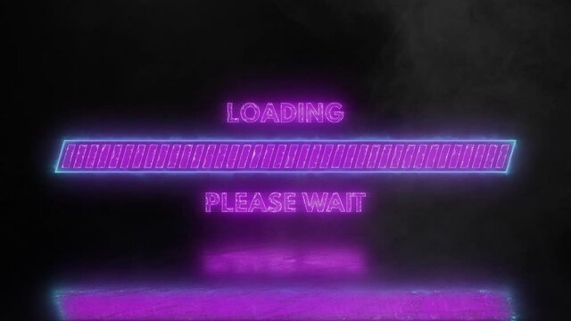 Purple neon loading please wait progress bar icon with smoke or fog effect. Bar uploading led sign with flashing light and reflection on wet floor on a black background. Abstract banner animation 4k