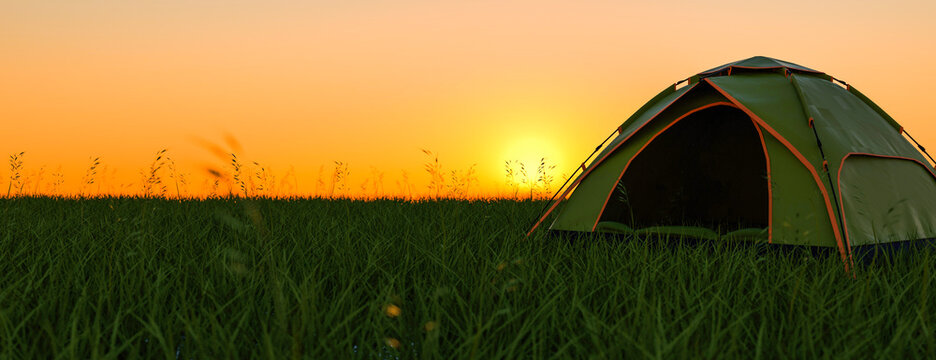 Tent camping at sunrise on a clear day in summer 3d render - a tent pitched in the sun on a grassy f