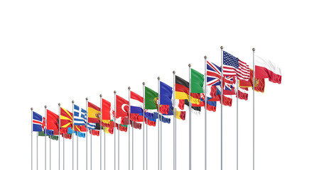 The 30 waving Flags of NATO Countries - North Atlantic Treaty. Isolated on white background  - 3D illustration.