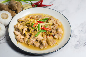 Stir fried chicken, ginger and mixed vegetables