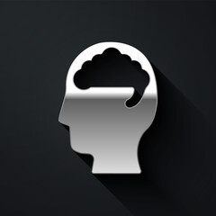 Silver Human brain icon isolated on black background. Long shadow style. Vector