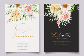 Fototapeta na wymiar watercolor peonies and roses invitation card set