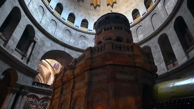 Tilt Down Shot Of Cupola Over Edicule In Church Of The Holy Sepulcher, Interior Of Church - Jerusalem, Israel