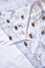 Quail eggs on white background with lace shadow