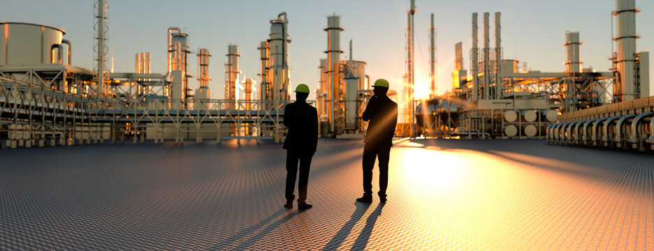 Technicians supervisor looking out onto an oil refinery at sunset with pipes and steel 3d render