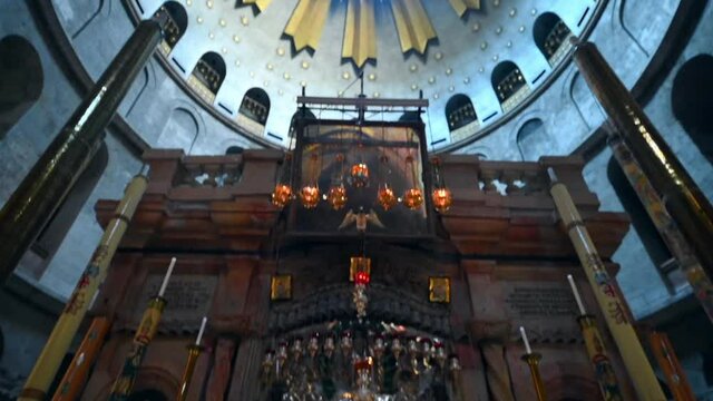 Tilt Up Shot Of Shrine At Church Of The Holy Sepulcher, Interior Of Historic Church - Jerusalem, Israel