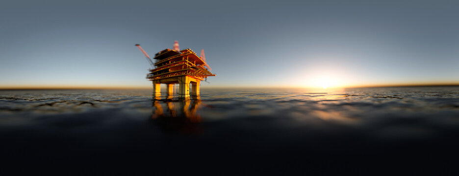 Large Off Shore Oil Rig Platform In The Ocean At Sunset 3d Render