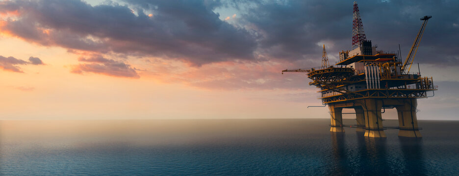 Large off shore oil rig platform in the ocean at sunset 3d render