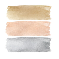 Watercolor set of gold, silver and copper brush stroke isolated on white background. Beautiful collection, elements for design