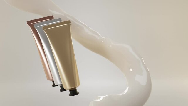 Luxury bb cream tube beauty cosmetics for skin foundation product. Set blank copper, silver and gold colored aluminum packs with black cap on beige background with liquid milky flow splash 3d mock up.