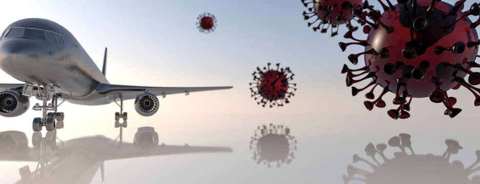 Commercial airline plane surrounded by covid-19 virus particles concept 3d render