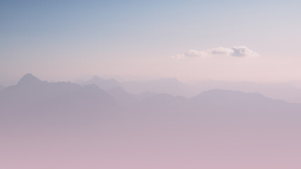 Mountains in the haze. Pastel colored mountain landscape panorama. Pure and clean background with copy space.