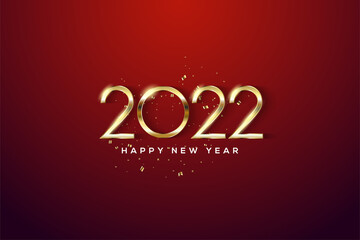Fototapeta na wymiar 2022 happy new year with thin gold numbers on a red background.