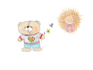 Teddy bear. Cartoon child illustration. Watercolor.