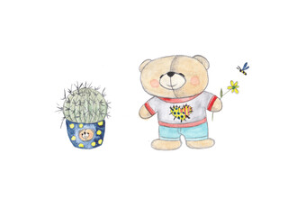 Teddy bear. Cartoon child illustration. Watercolor.