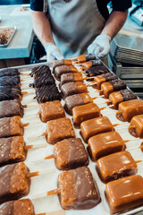 Gourmet caramel marshmallows pop. Top view of a tray with sweets on stick dipped in caramel and glazed chocolate. Candy store assortment. Sweet food and desert concept.