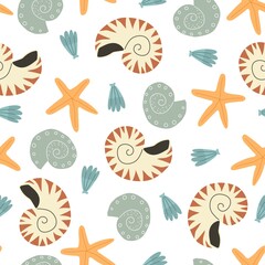Fototapeta premium Seamless pattern with cartoon shells, decor elements. colorful vector. hand drawing, flat style. design for fabric, print, textile, wrapper