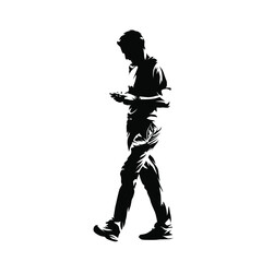 Fototapeta na wymiar Man walking with cell phone and typing message, abstract isolated vector silhouette. Ink drawing, side view