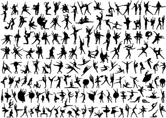 Mens, womens and pairs silhouettes ballet dancers. More than 100 silhouettes on a white background.
