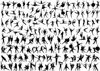 Mens, womens and pairs silhouettes ballet dancers. More than 100 silhouettes on a white background. - obrazy, fototapety, plakaty