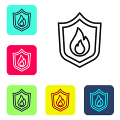 Black line Fire protection shield icon isolated on white background. Insurance concept. Security, safety, protection, protect concept. Set icons in color square buttons. Vector