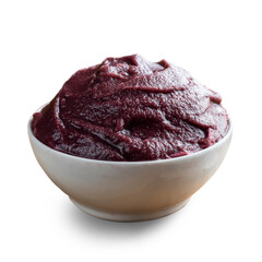 Açai, Brazilian frozen açai berry ice cream bowl. Front view. Isolated on white background