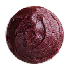 Açai, Brazilian frozen açai berry ice cream bowl. Top view. Isolated on white background