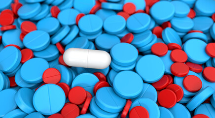 Blue and red pills. Medicine pills on background. Top view on pills The cure for the virus. Pills with Vitamins or Bio Supplements. 3d illustration.	
